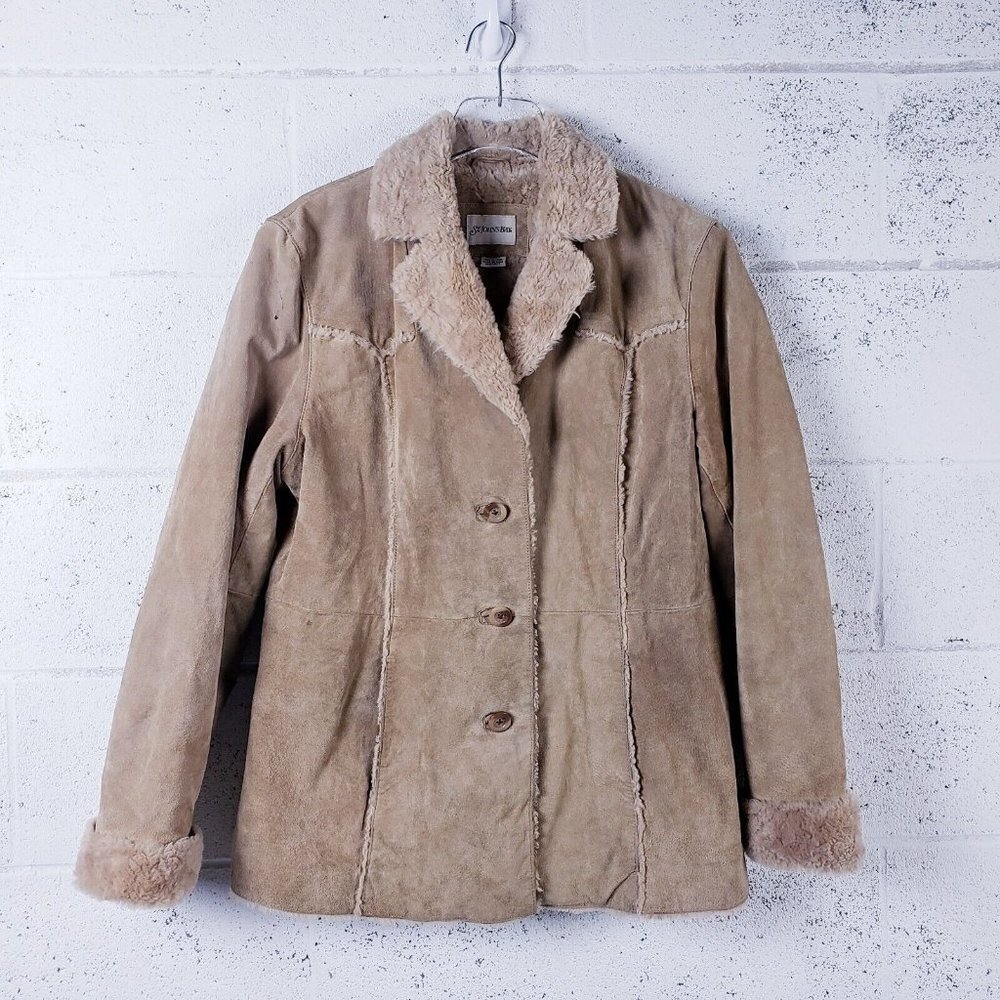 Vintage St. Johns Bay Tan Suede Penny Lane Jacket Coat Faux Fur Lined Size Large
